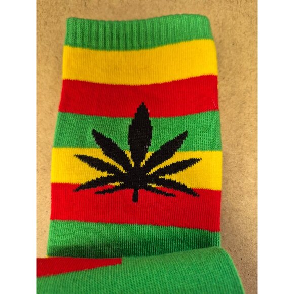 Rasta-Inspired Striped Socks With Black Leaf Design - Picture 2 of 2